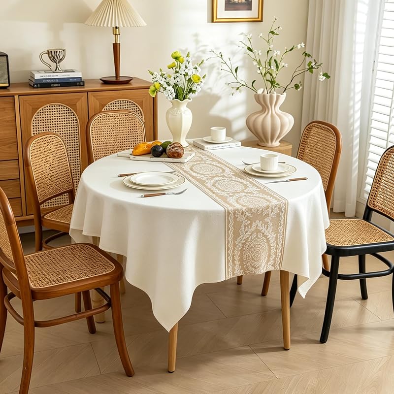Mantel redondo lino beige impermeable comedor granja