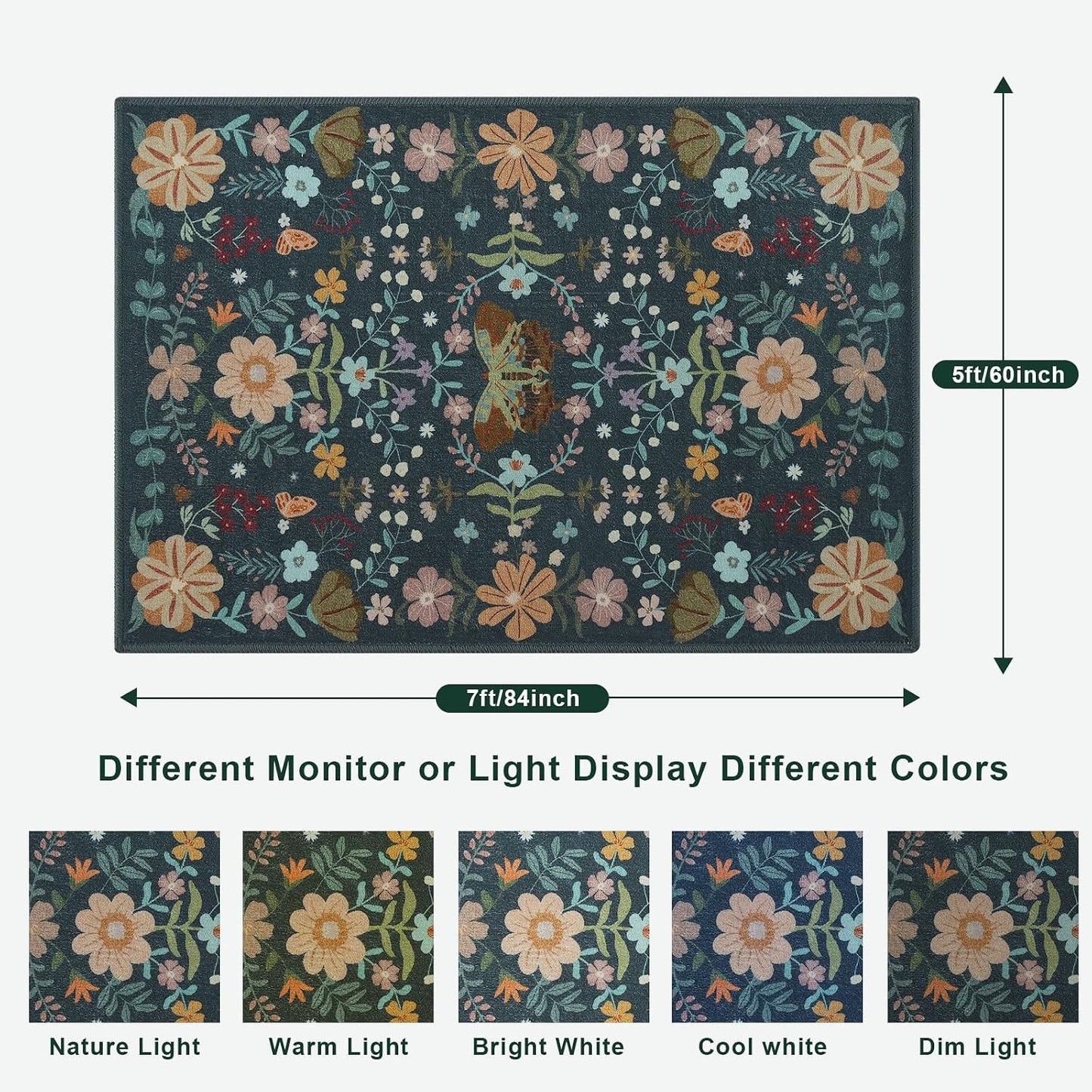 Alfombra boho 5x7pulg verde oscuro antiderrap