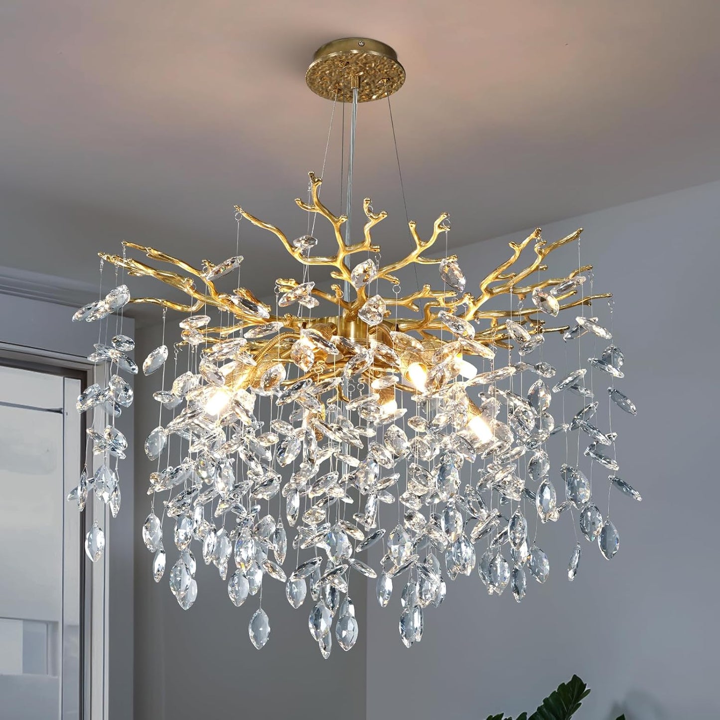Candelabro moderno de oro con ramas cristal 8 luces