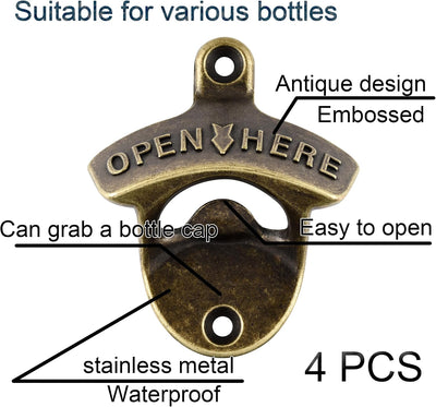Abrebotellas magnéticos bronce antiguo pared pack 4