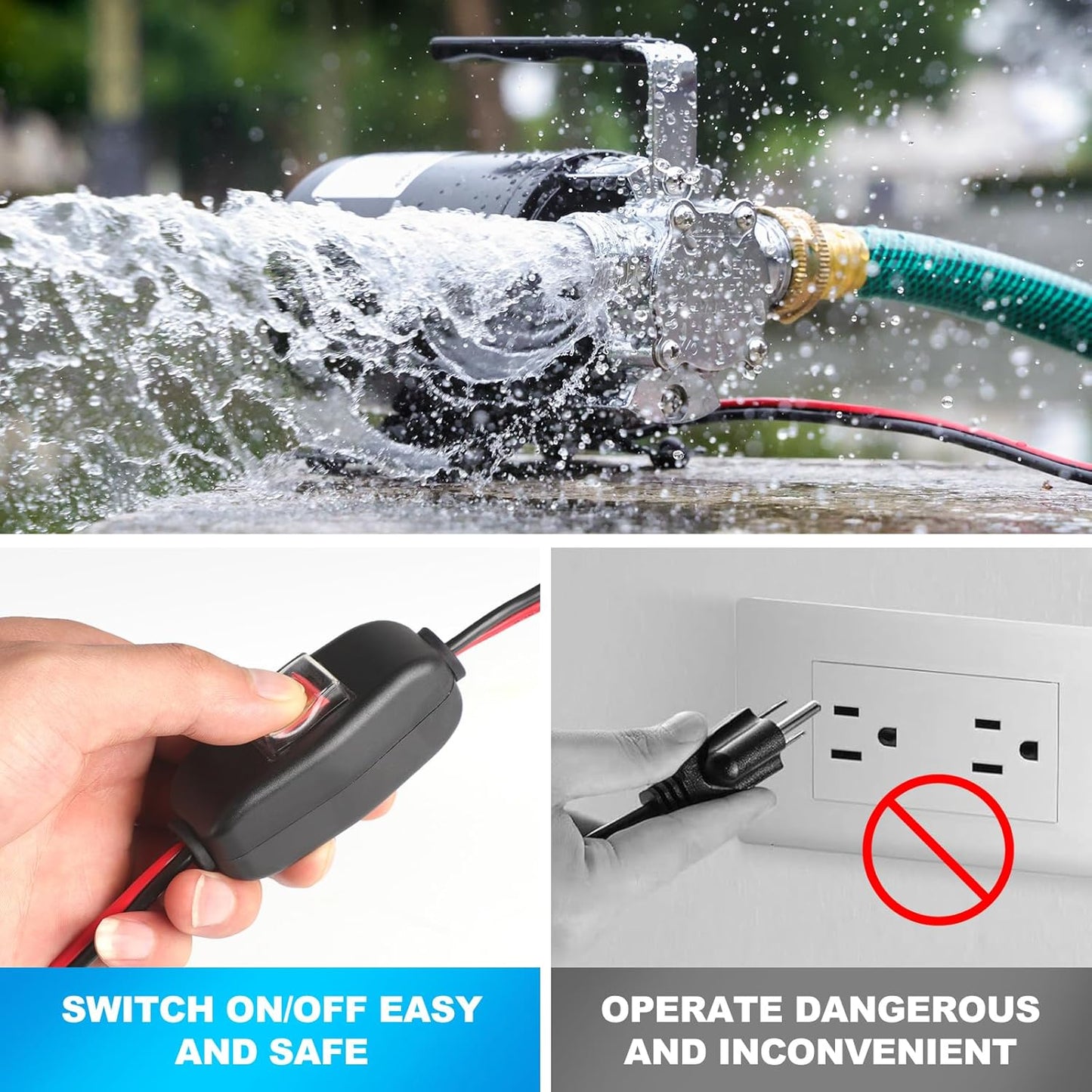 Bomba agua 12V 330GPH 1/10HP con manguera 2x6pies