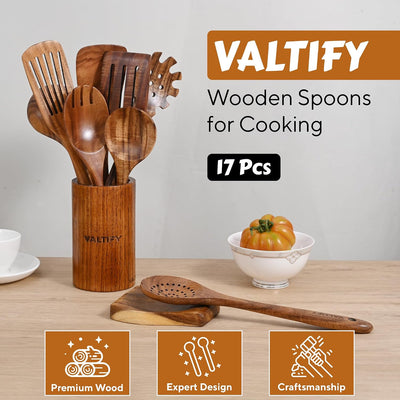 Set 17 Pzas Utensilios Madera Teca con Soporte