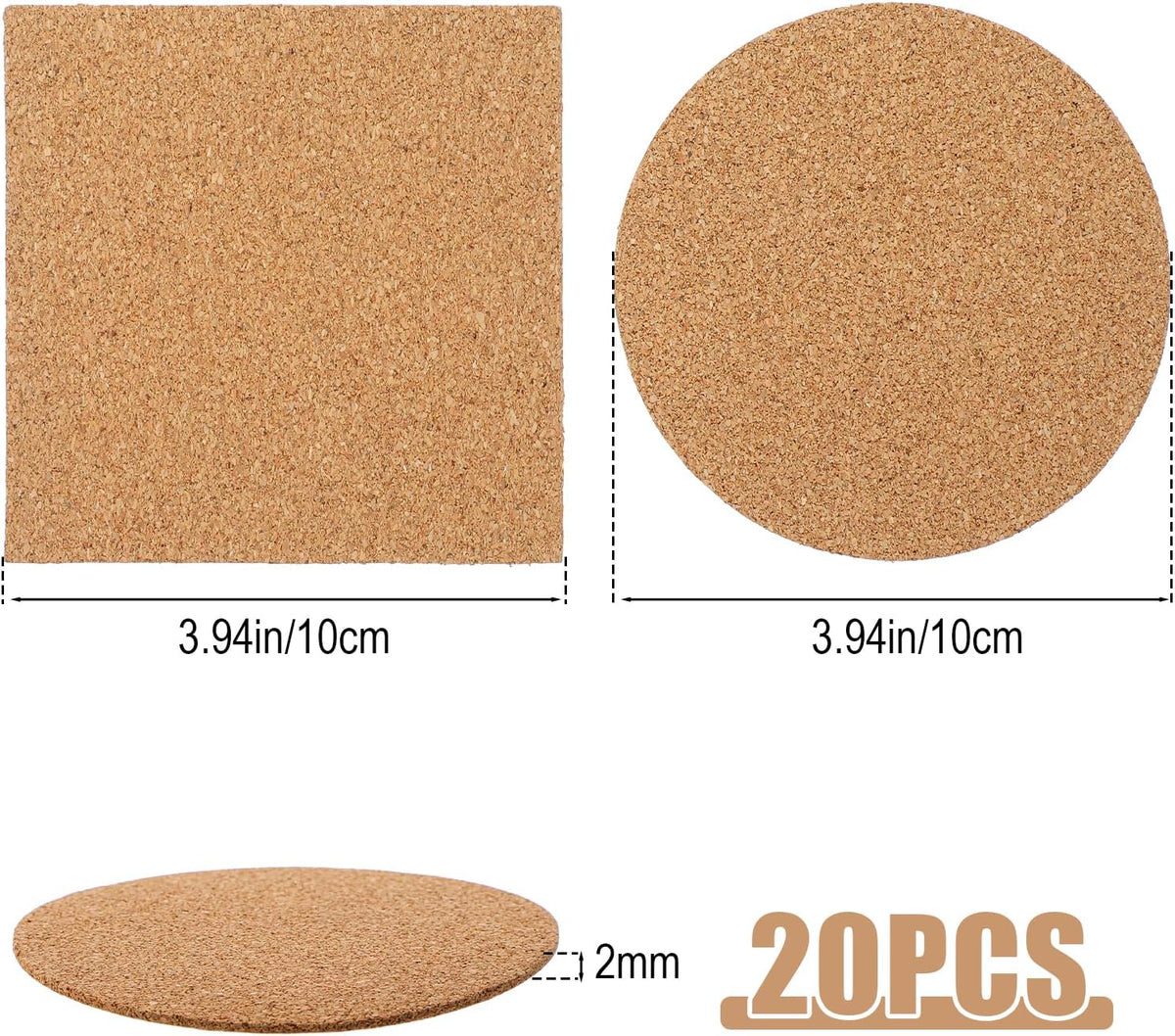 20 Posavasos Corcho 4pulg Antideslizantes Redondos y Cuadrados