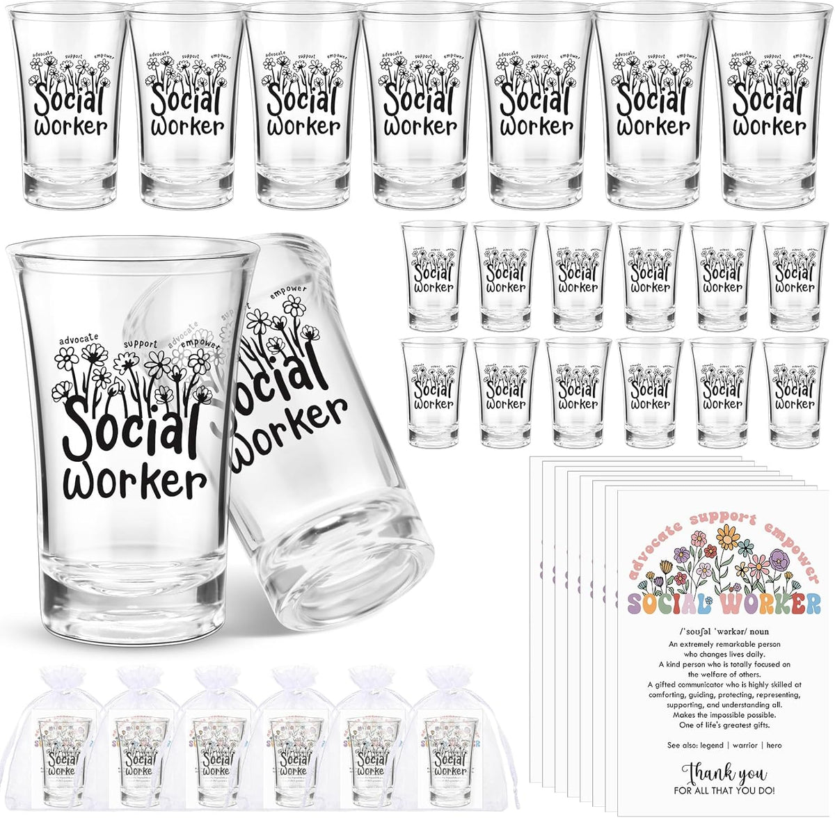 Vasos de chupito de acrílico con tarjeta de agradecimiento para trabajadores sociales