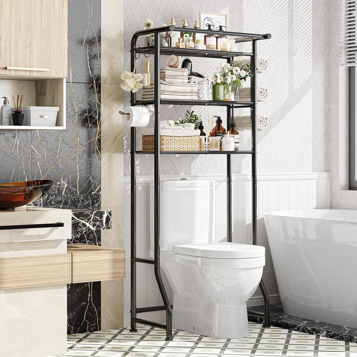 Organiz. baño metal soporte papel ganchos 3 niveles negro
