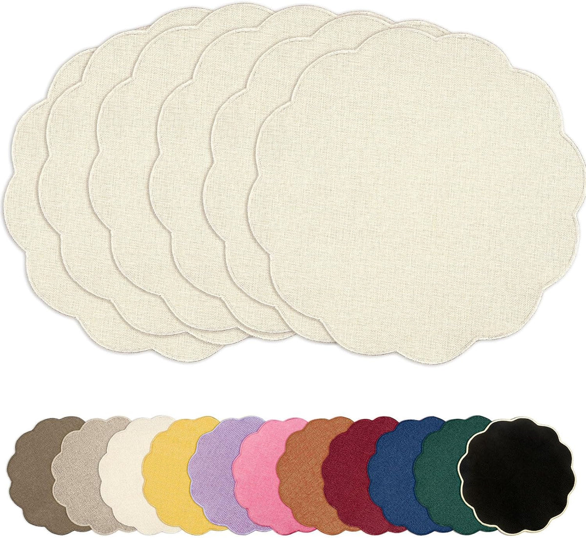 Set 6 Manteles Redondos Lino Sintético Impermeables Beige