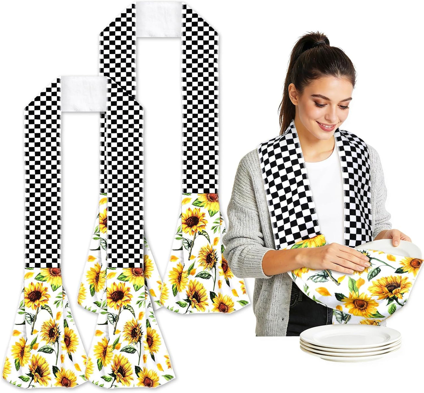 2 Pzas Pañuelo Toalla Cocina Cuadros Negro Blanco 3.9x67.7pulg
