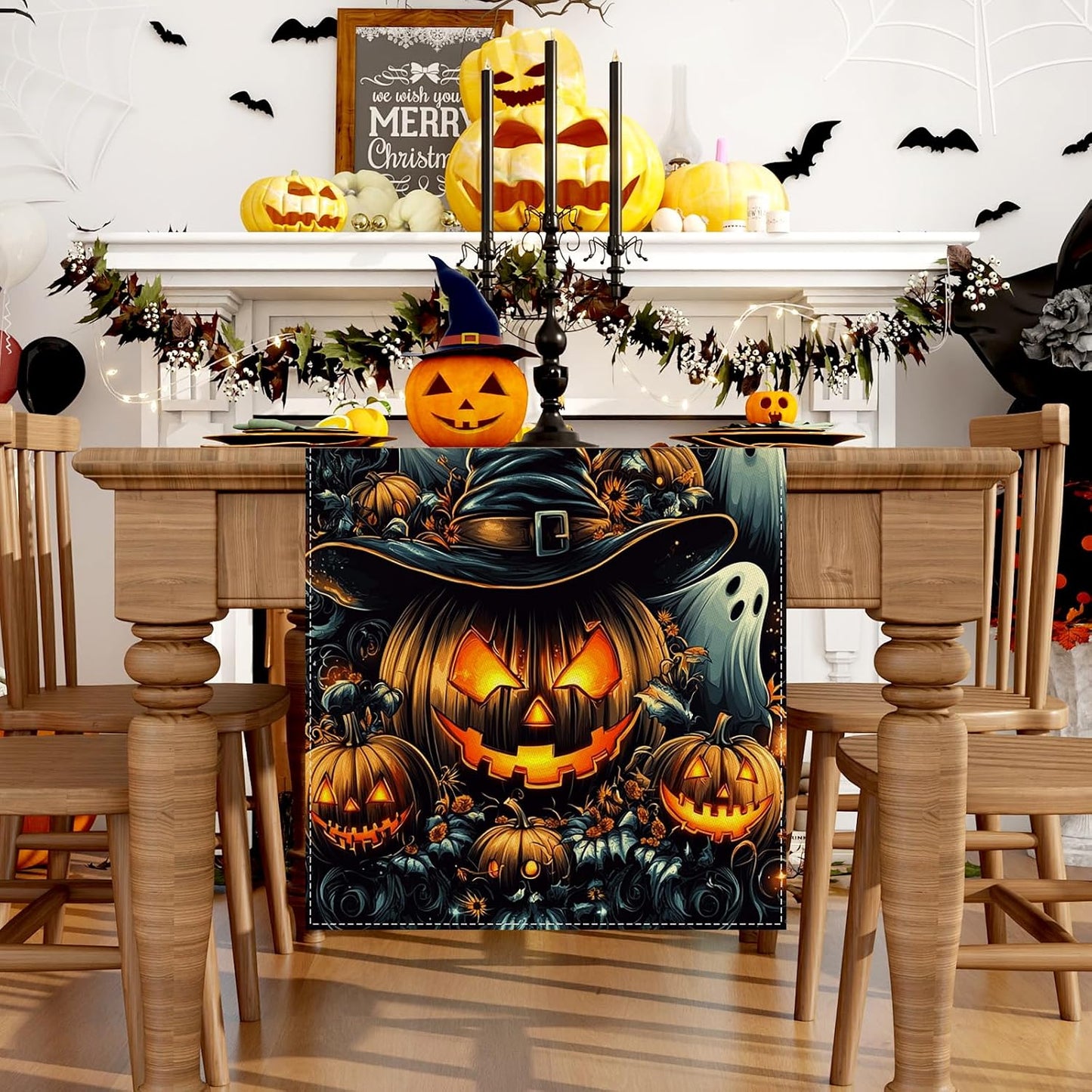Camino mesa Halloween calabazas negras 72pulg decoración hogar