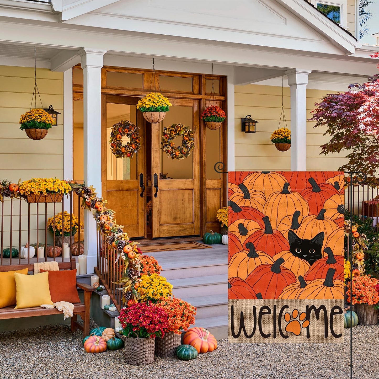 Bandera jardín otoño 12x18pulg gato negro calabazas