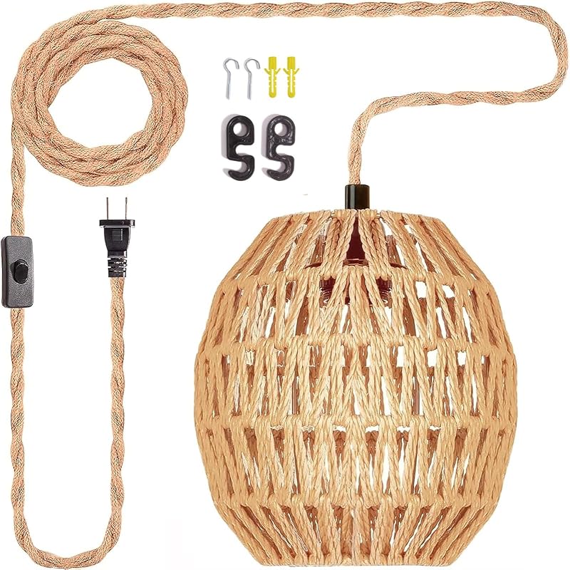 Lámpara colgante ratán 16.4ft enchufable con interruptor