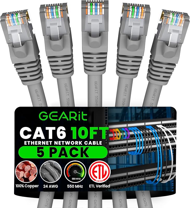 Cable Ethernet Cat6 10pies gris pack5 10Gbps 550MHz