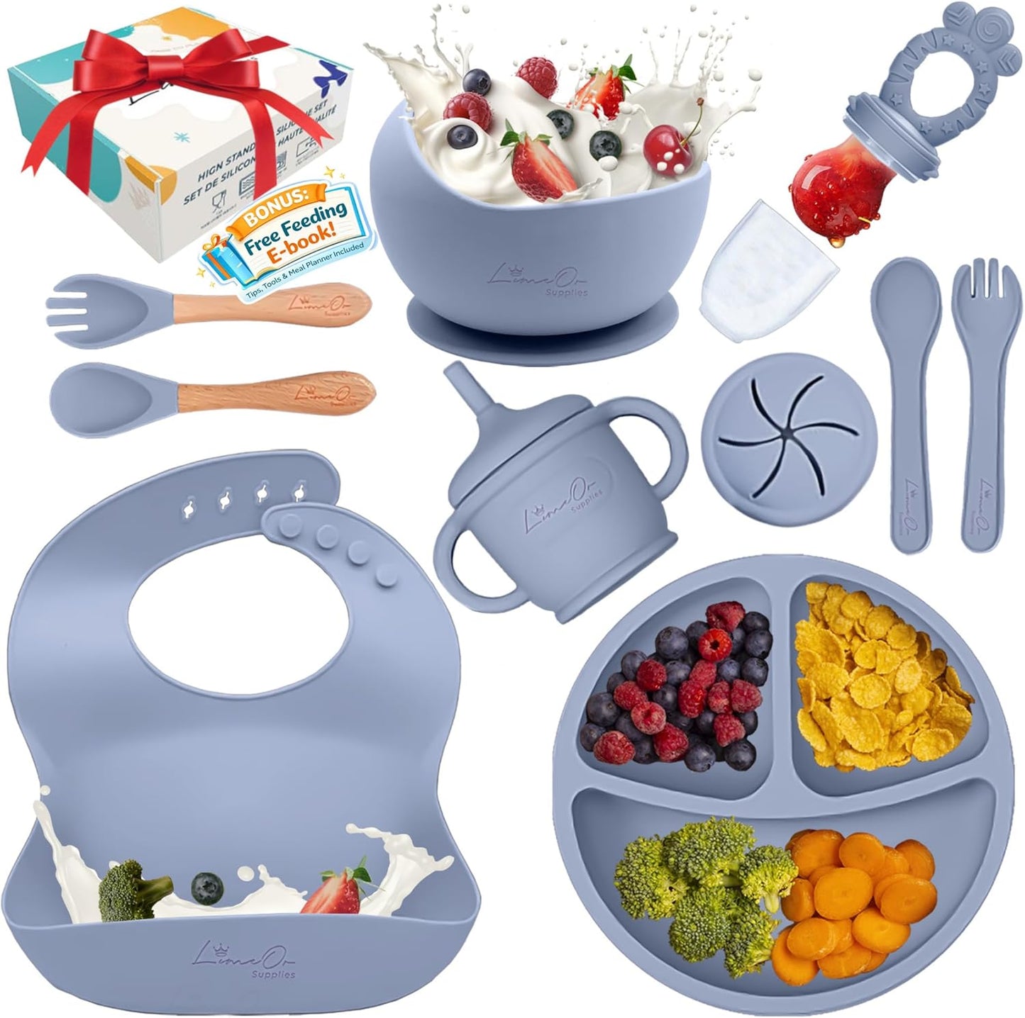 Set alimentación silicona bebé 10 pzas platos sin BPA gris
