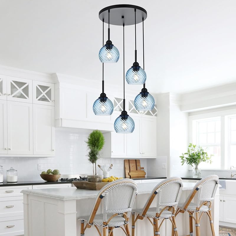Luz colgante 5 luces vidrio espiral azul para isla cocina