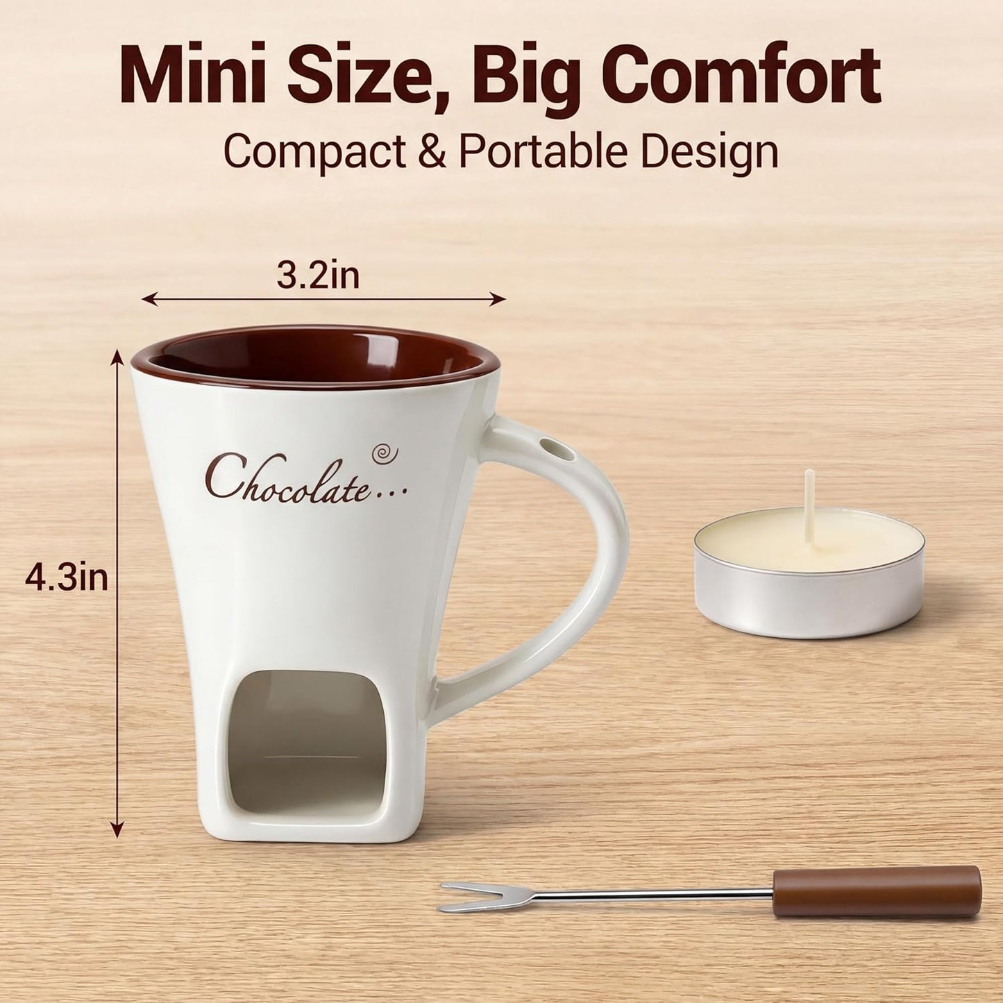 Juego tazas fondue cerámica para velas té con tenedor