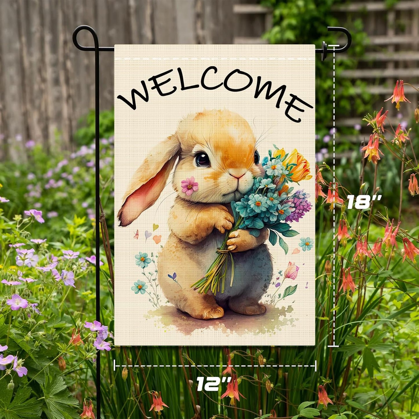 Bandera bienvenida jardín Pascua 12x18pulg tulipanes conejo