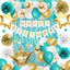 Decoración cumpleaños globos flecos verde azulado y dorado