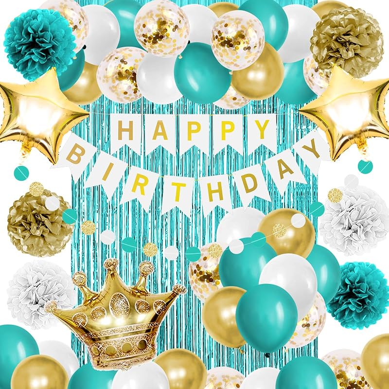 Decoración cumpleaños globos flecos verde azulado y dorado