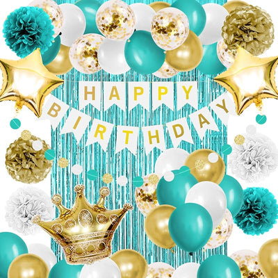 Decoración cumpleaños globos flecos verde azulado y dorado