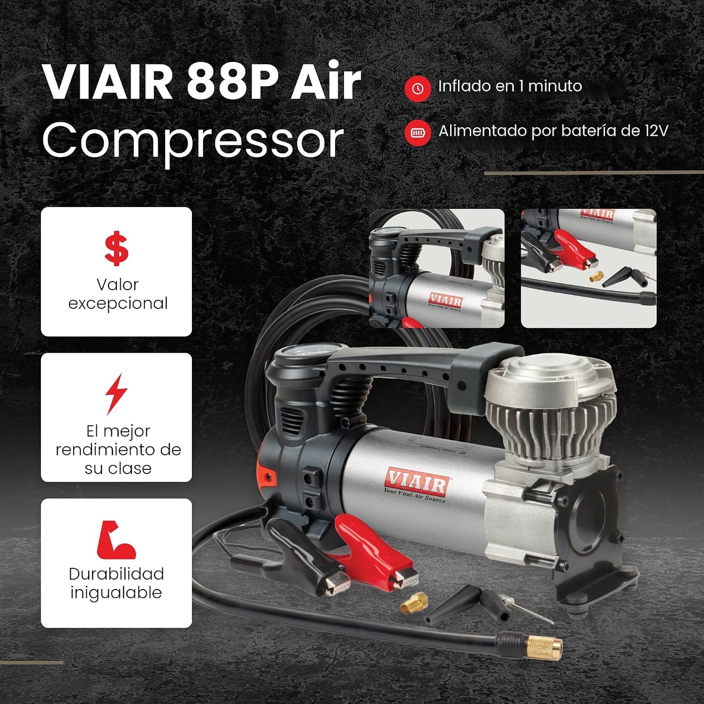 Compresor aire portátil y medidor presión digital plateado