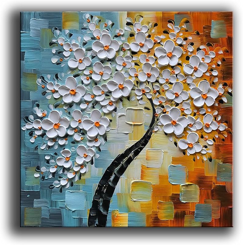 Pintura al óleo flores blancas moderna para hogar 24x24in