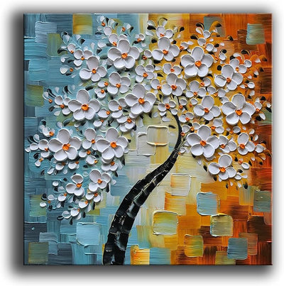 Pintura al óleo flores blancas moderna para hogar 24x24in