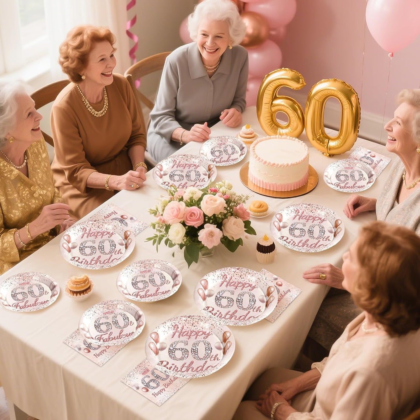 Juego 96 Pzas Decoración Cumpleaños 60 Años Mujer Dorado Rosa