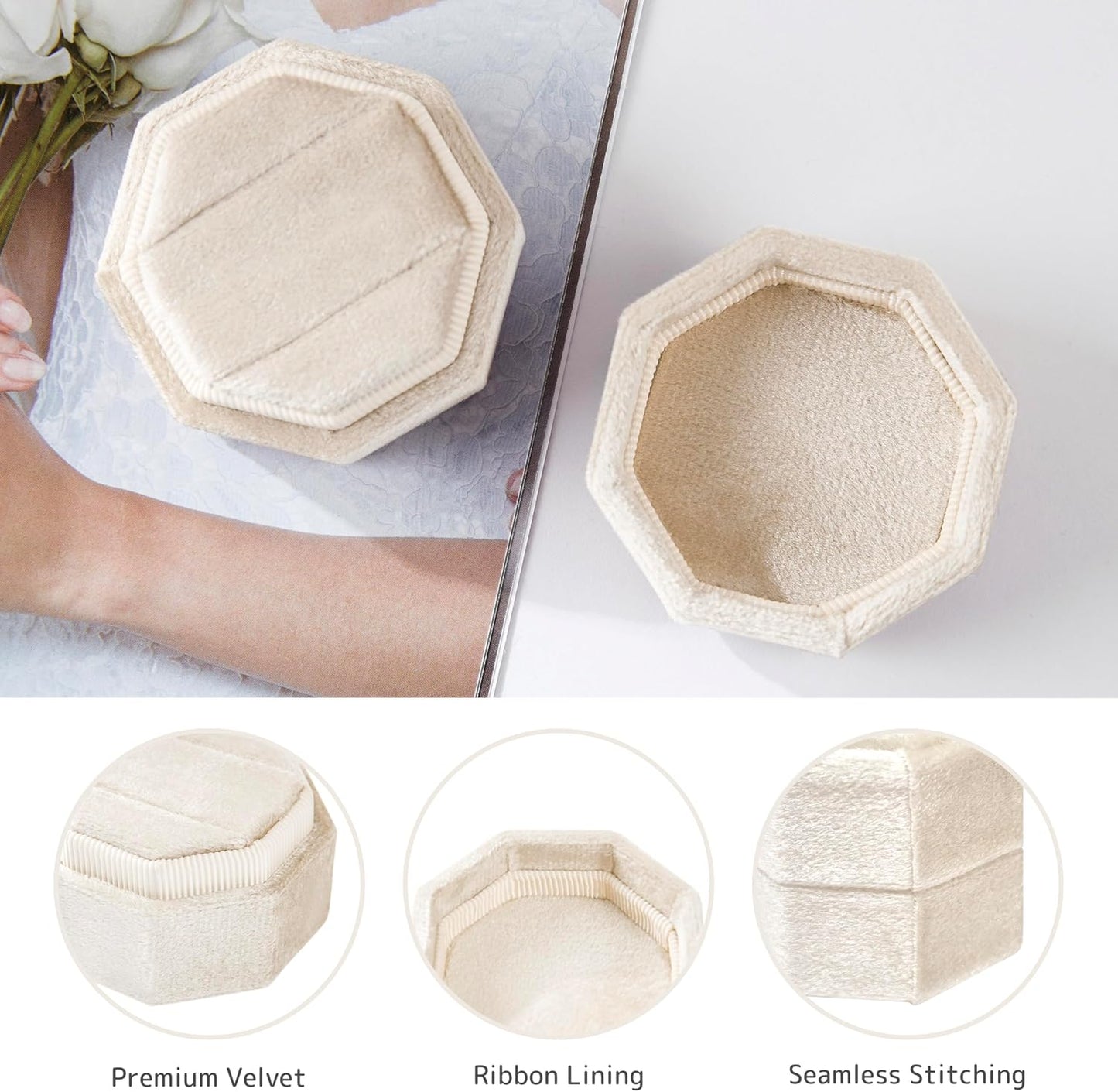 Caja terciopelo anillos boda estilo vintage champán