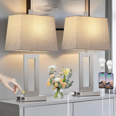 2 Lámparas Mesa Táctil Plateadas con USB y Salida CA