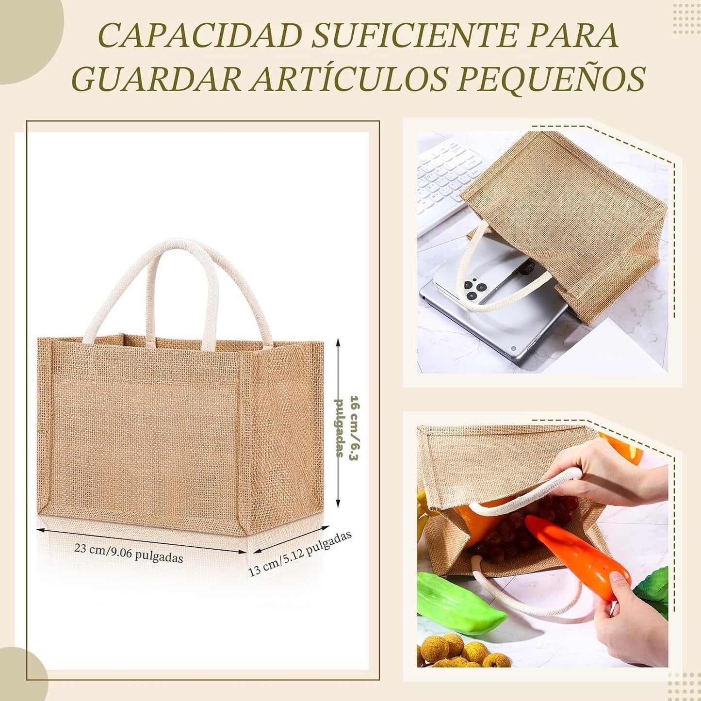 12 Pzas Bolsas Yute Reutiliz. con Asas Blanco Impermeable