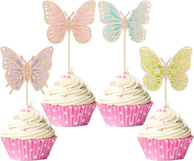 24 Adornos Mariposa Oro Rosa 3D para Cupcakes
