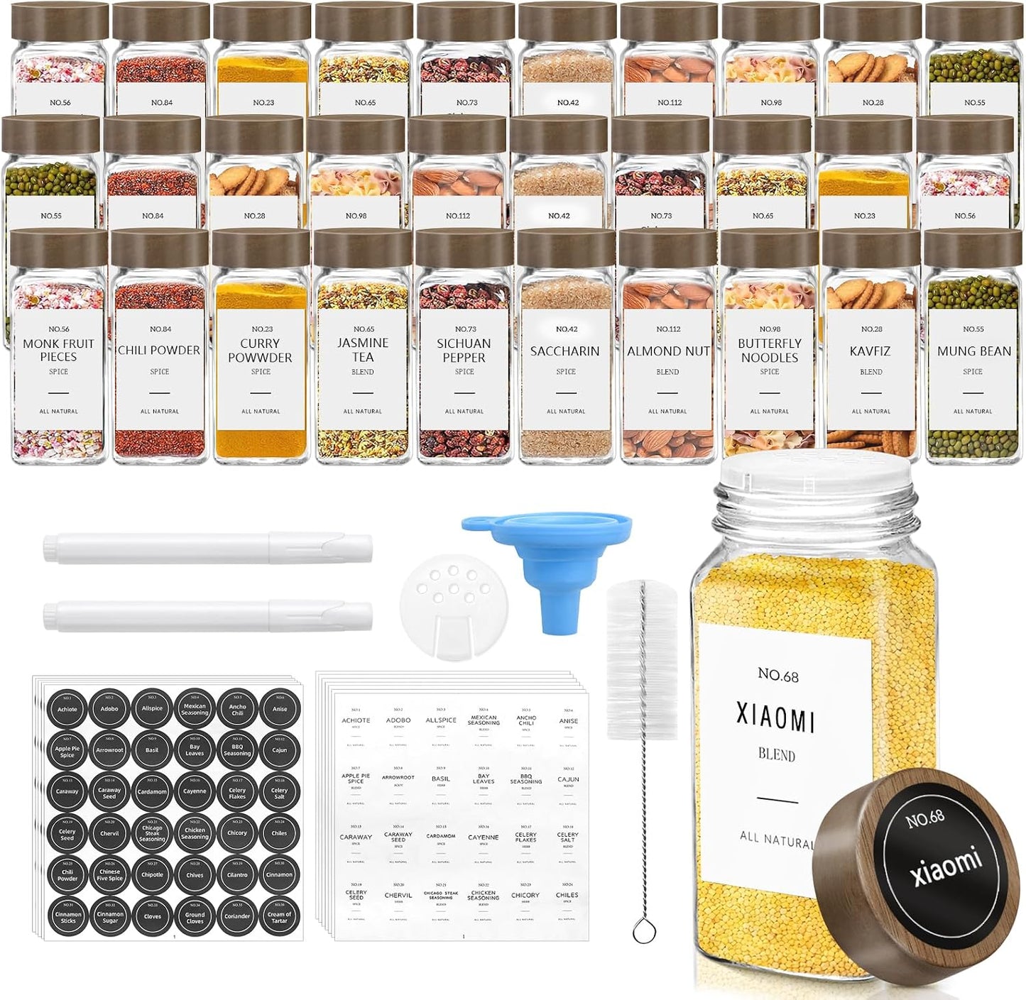 30 Tarros Vidrio 4oz con Tapas Madera Acacia para Especias