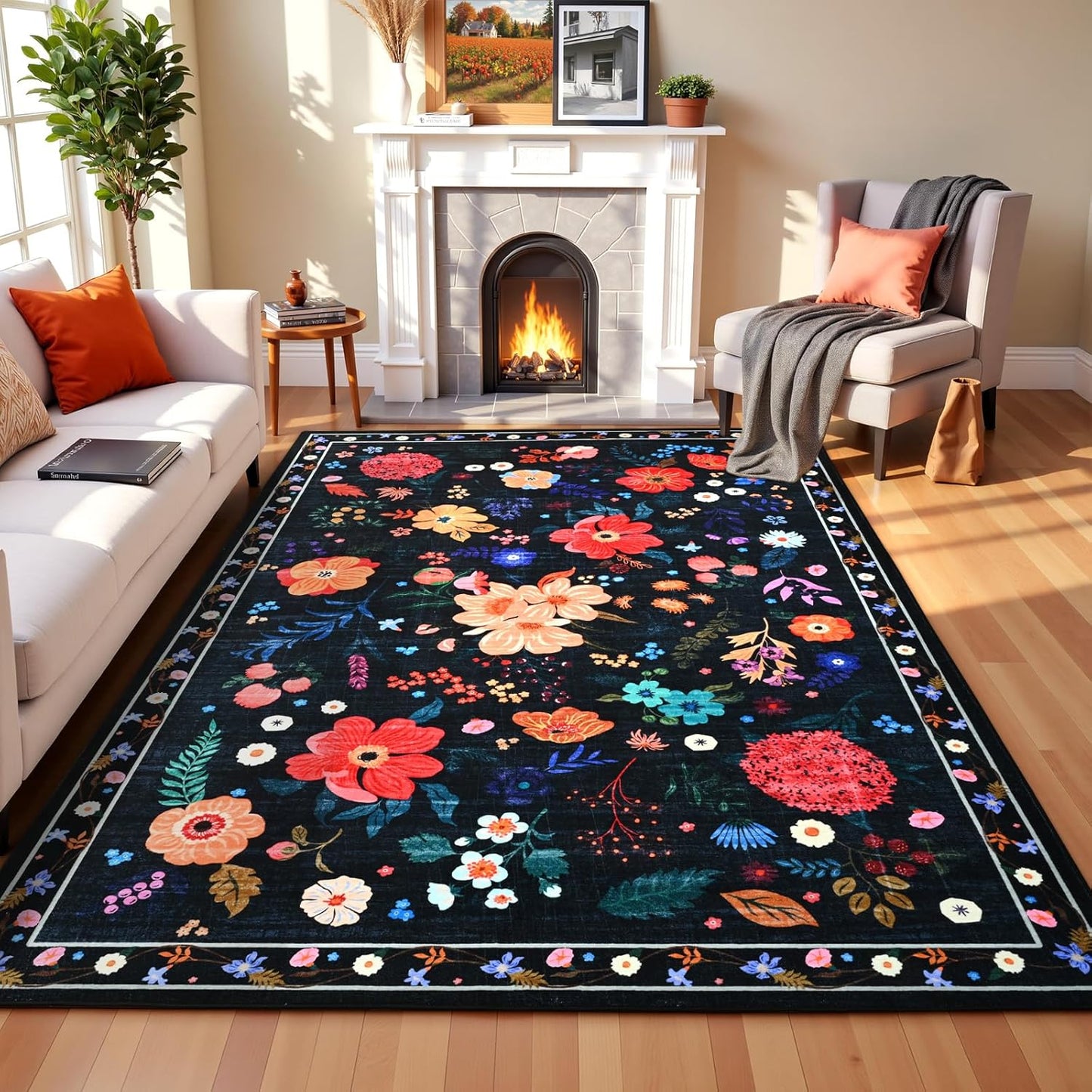 Alfombra Floral Sala 5x7ft Negro Boho Antiderrap