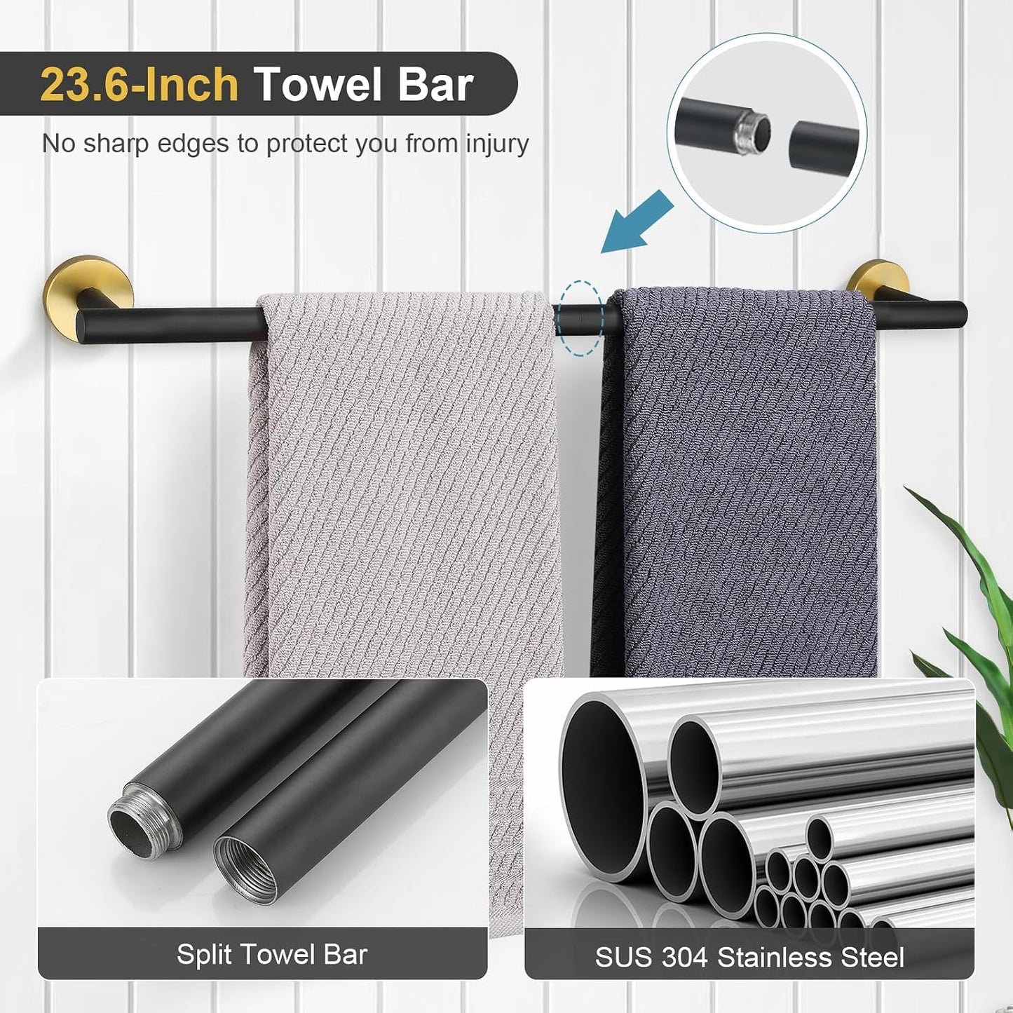 Set 6 Pzas Herrajes Baño Negro Dorado 23.6pulg