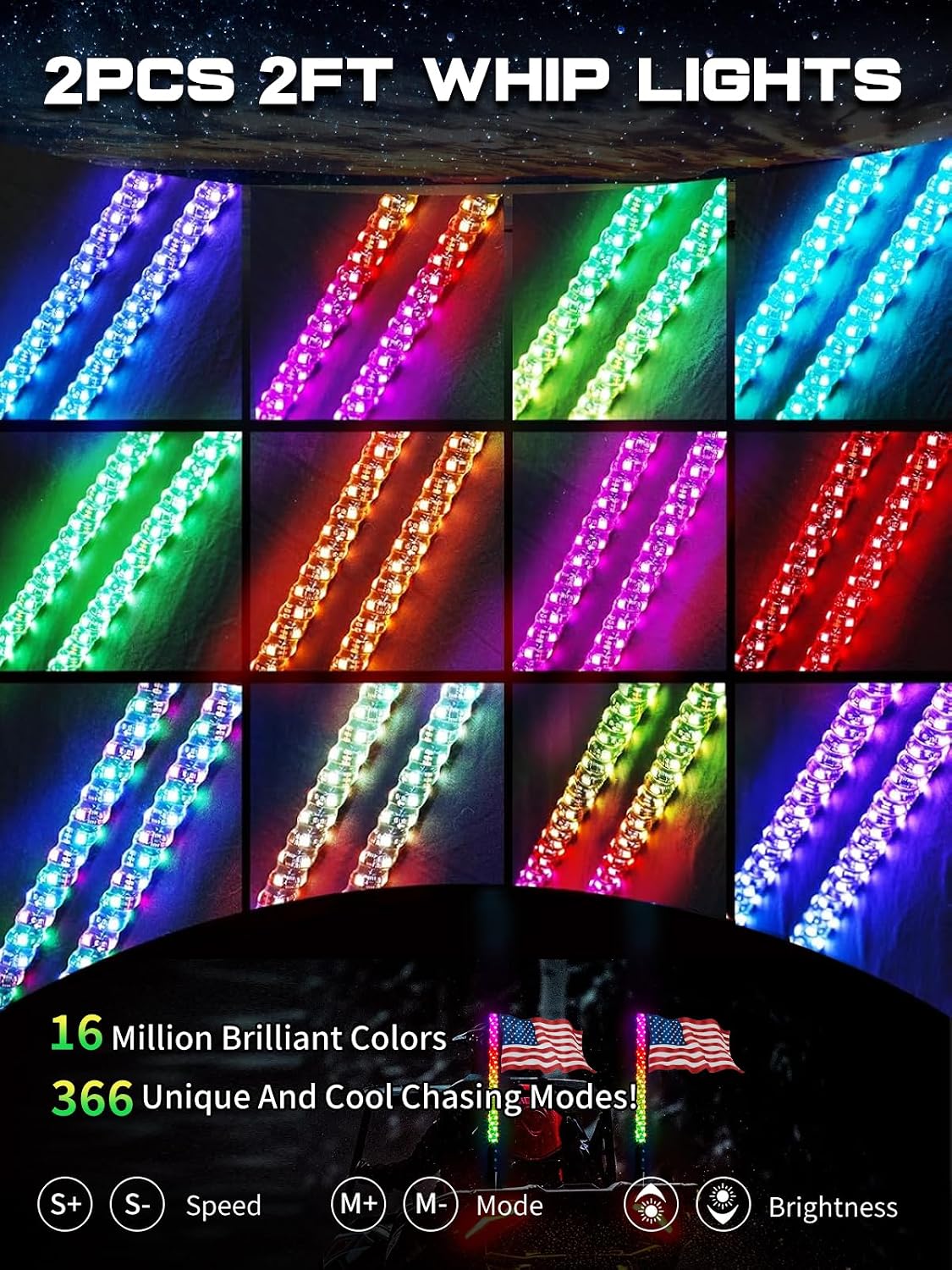 2 Luces Látigo LED RGB con Control Remoto y Base Resorte