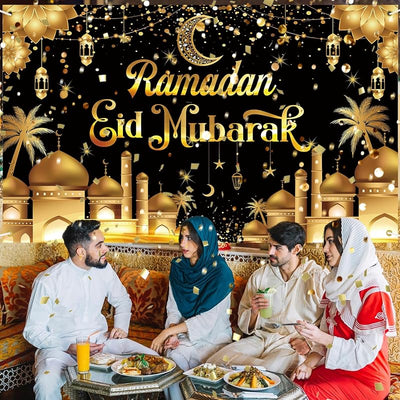 Pancarta Ramadán Eid Mubarak decoración pared negro dorado
