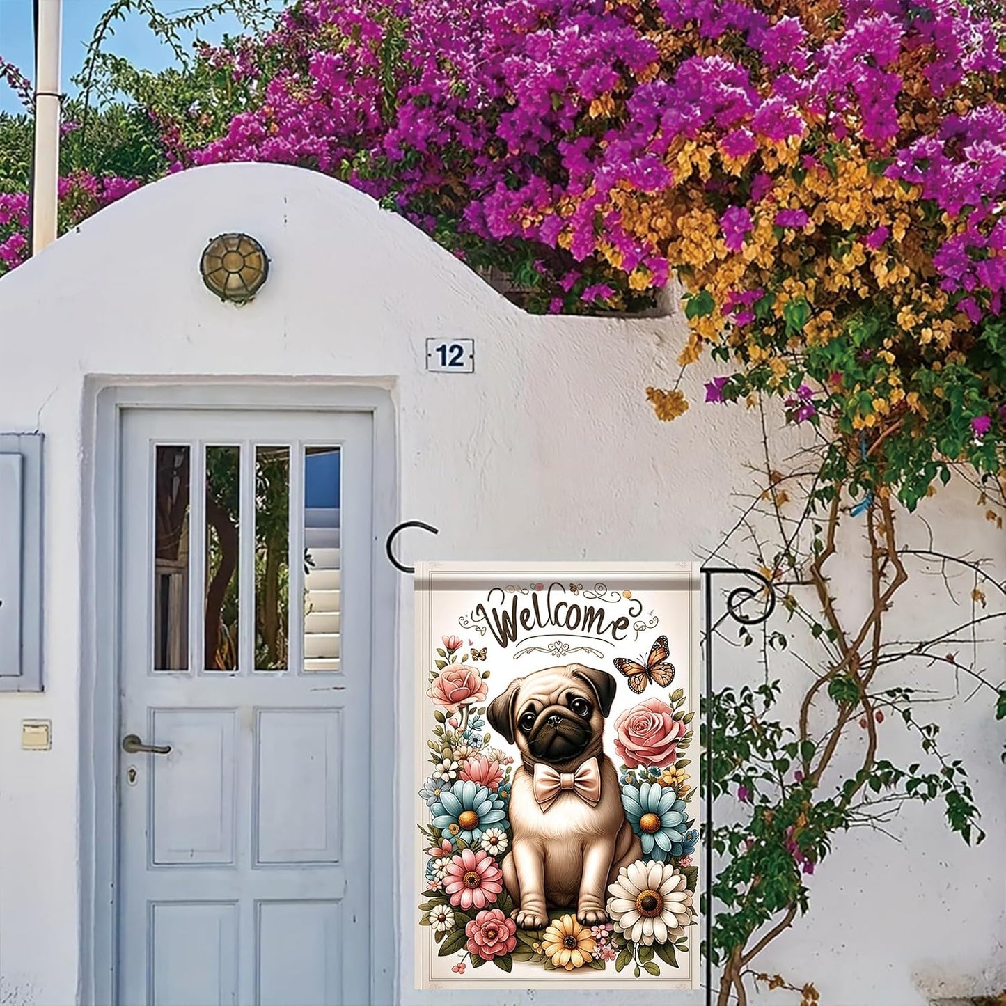Bandera jardín diseño floral perro carlino 12x18pulg doble cara