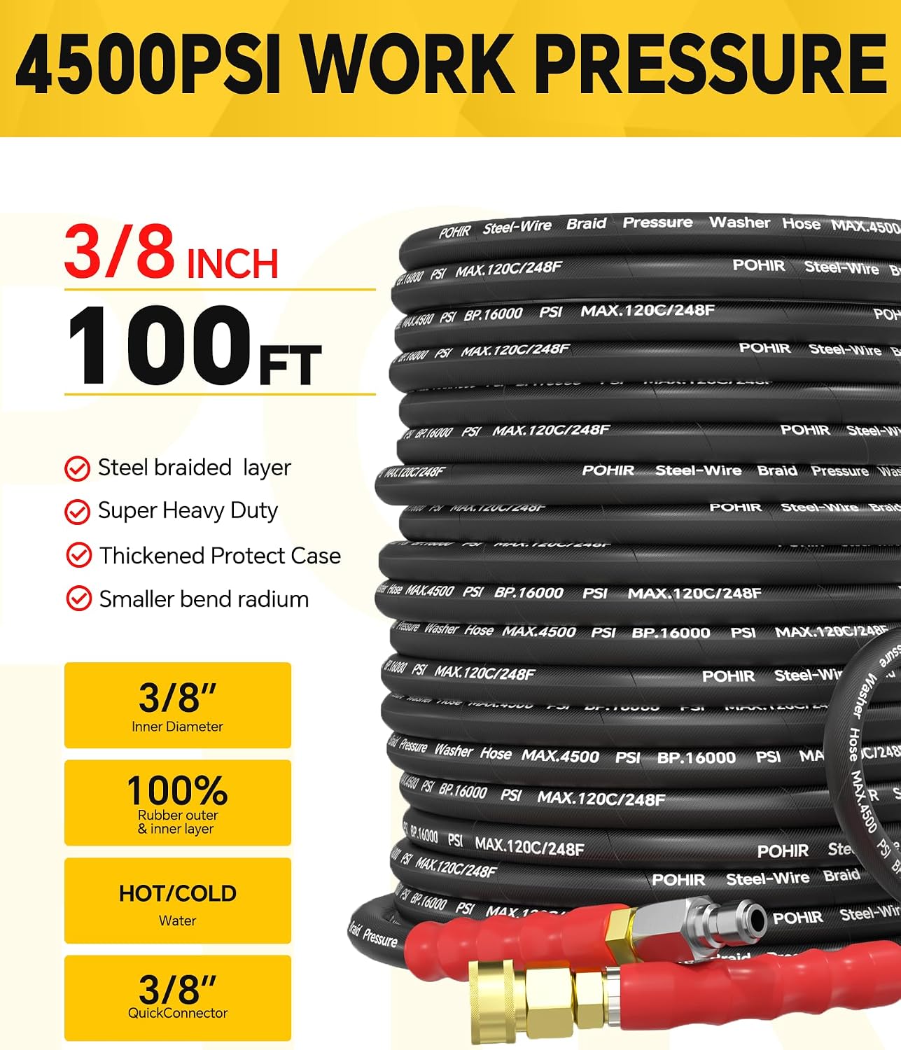 Manguera lavado 50ft 4500PSI acero trenzado con adaptadores