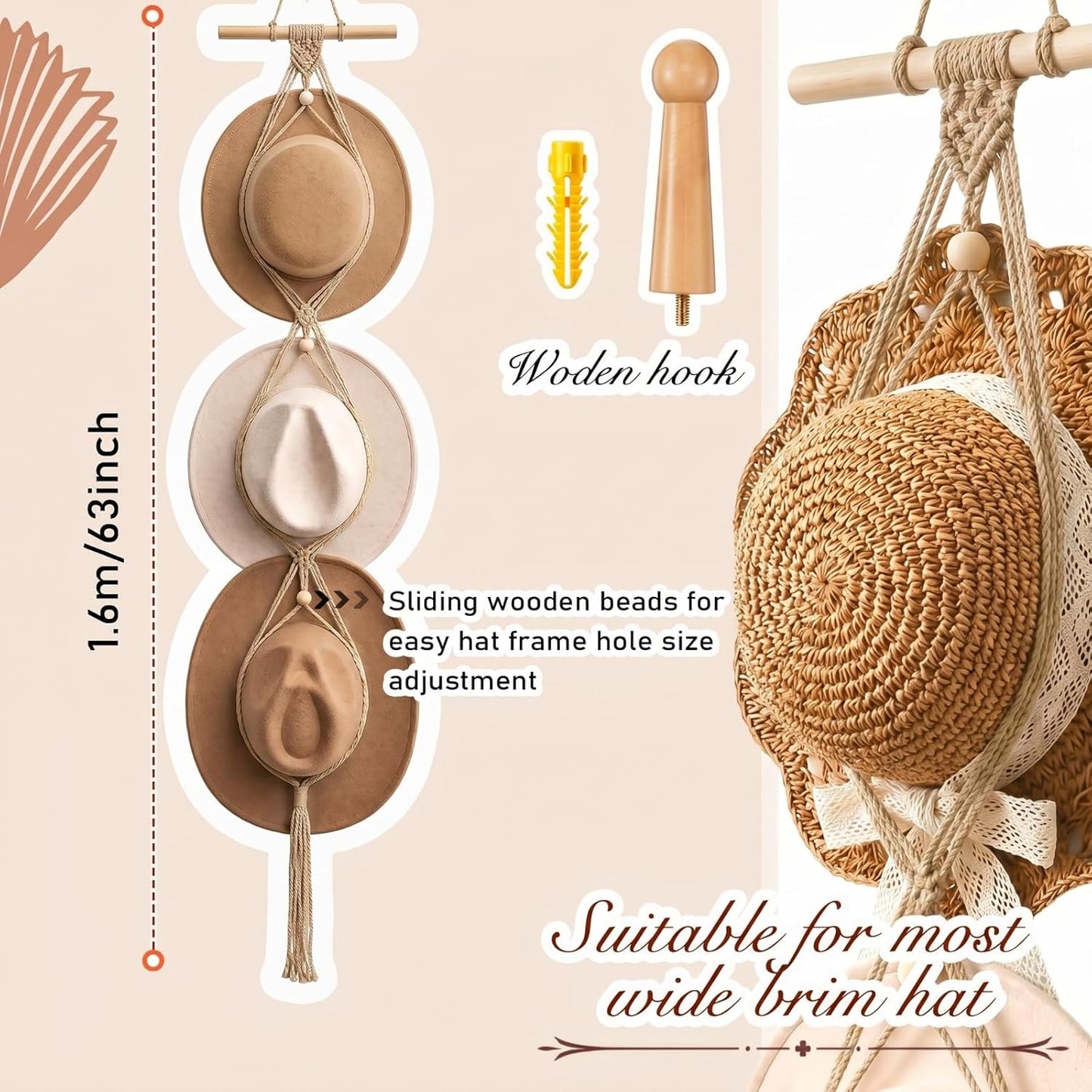 Perchas macramé para sombrero bohemio puerta beige
