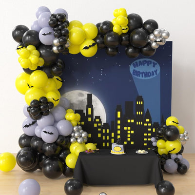 Kit arco globos látex amarillo negro plateado fiesta superhéroe