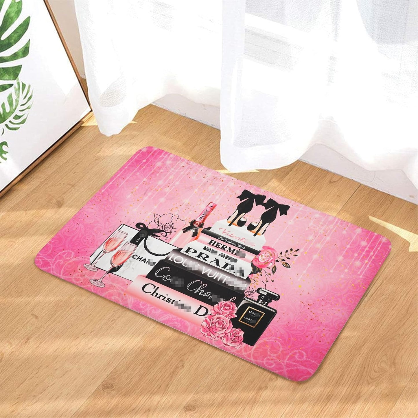 Tapete baño rosa diseño floral gamuza 20x32" antiderrap