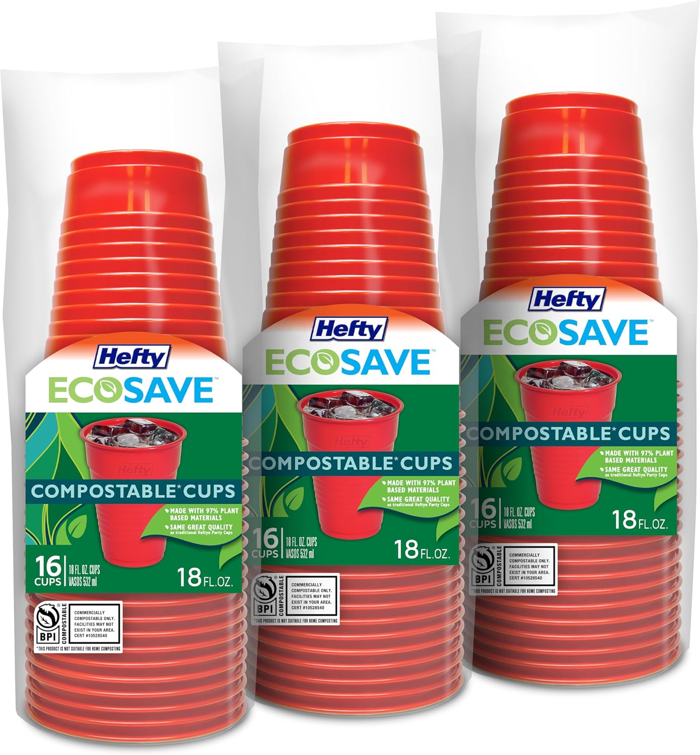 Vasos compostables para fiestas color rojo 18oz 48uds
