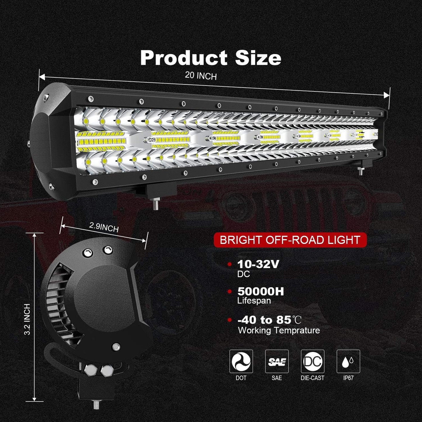 Barra luz LED 20pulg 420W triple fila antiniebla para camiones