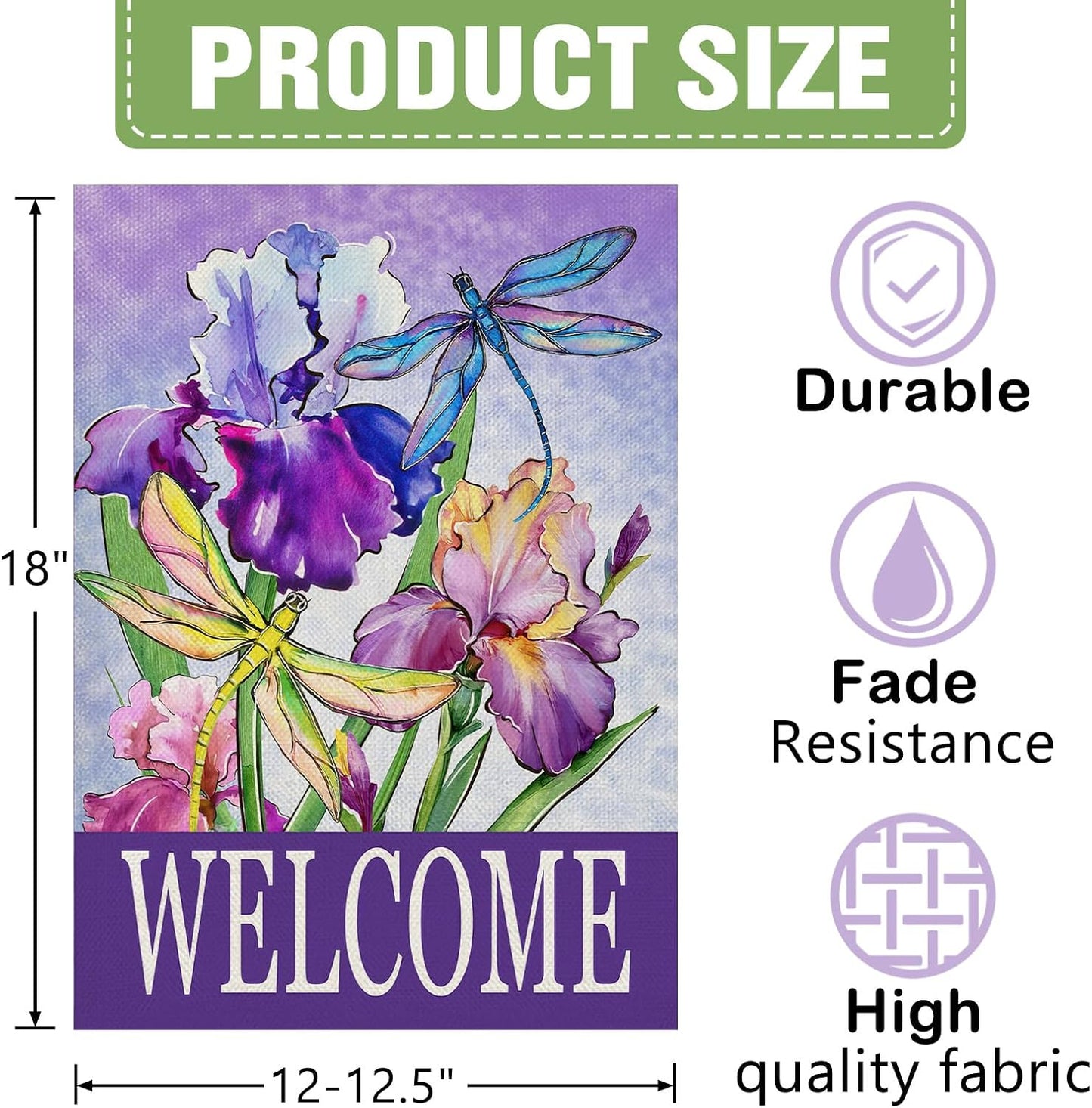 Bandera jardín decorativa flores iris libélula morada