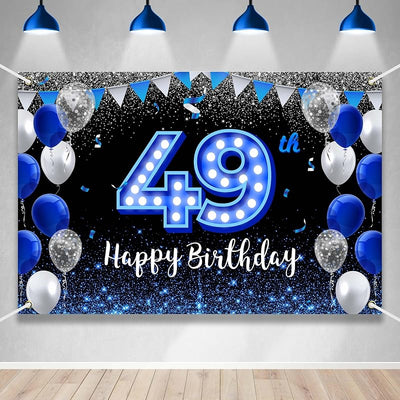 Telón banner cumpleaños 49º azul y negro con luz neón brillante