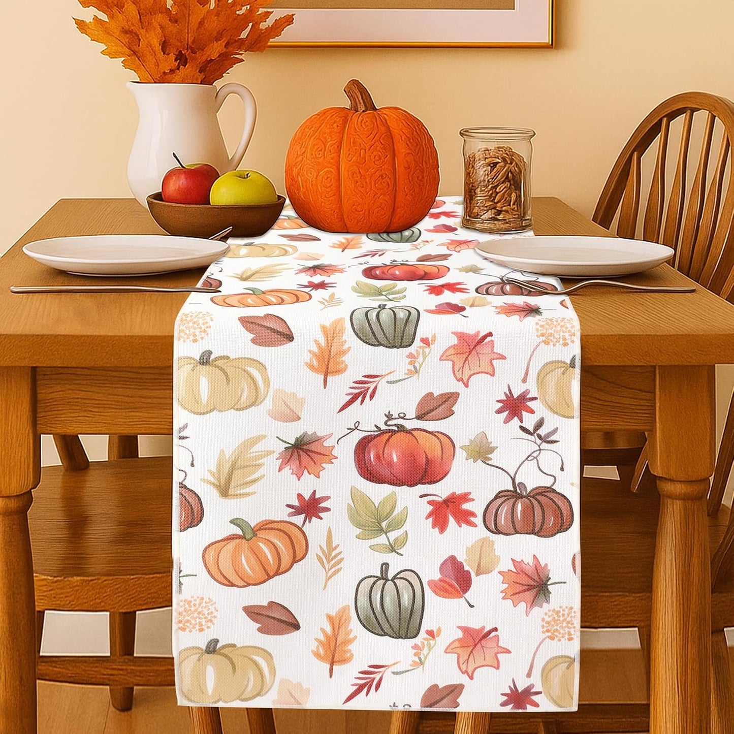 Camino mesa otoño cosecha calabazas hojas arce decoración hogar