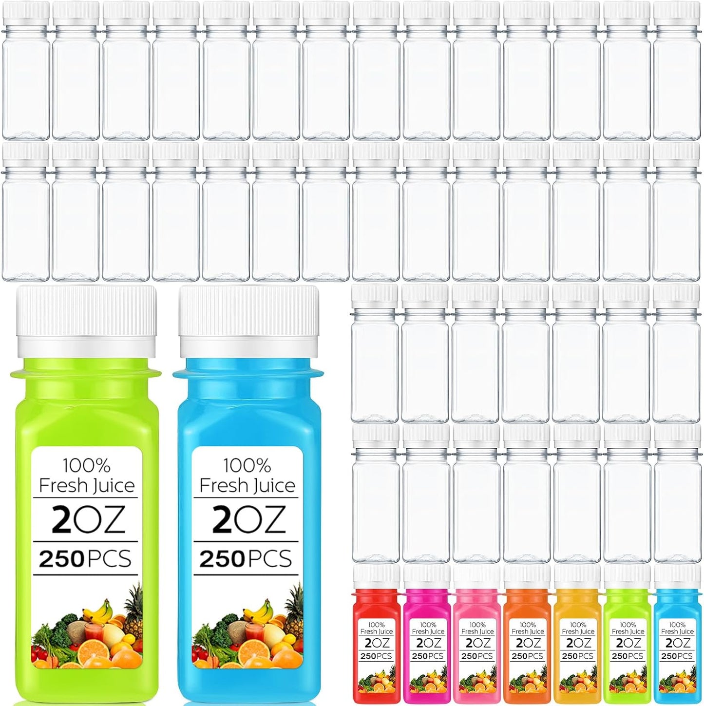 250 Botellas Plástico 2oz para Jugo con Tapa Reutiliz.