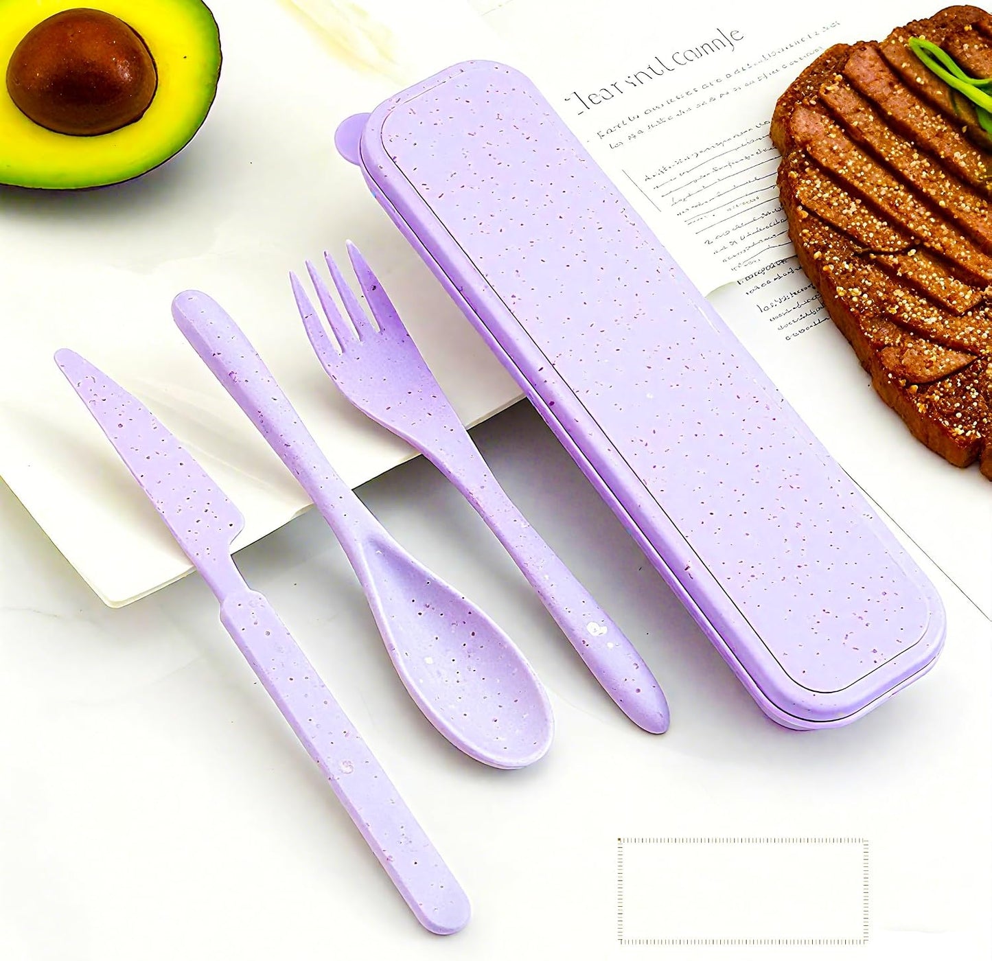 Juego cubiertos paja trigo morado con estuche