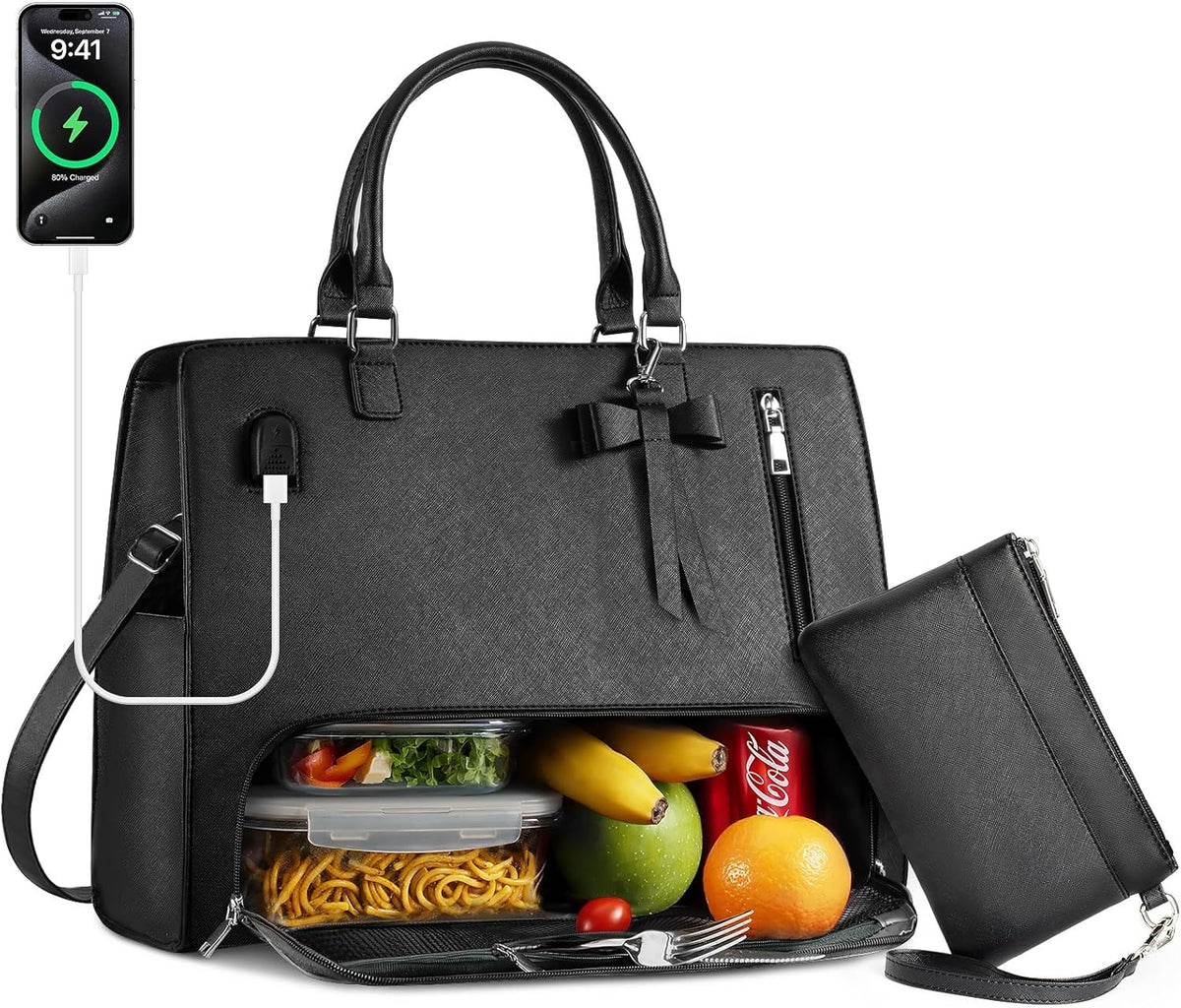 Bolsa de almuerzo grande para mujer en negro de cuero