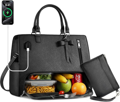 Bolsa de almuerzo grande para mujer en negro de cuero