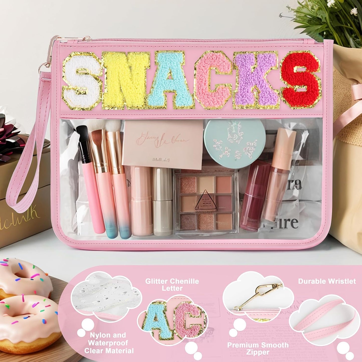 Bolsa viaje snacks maquillaje chenilla con parches impermeable